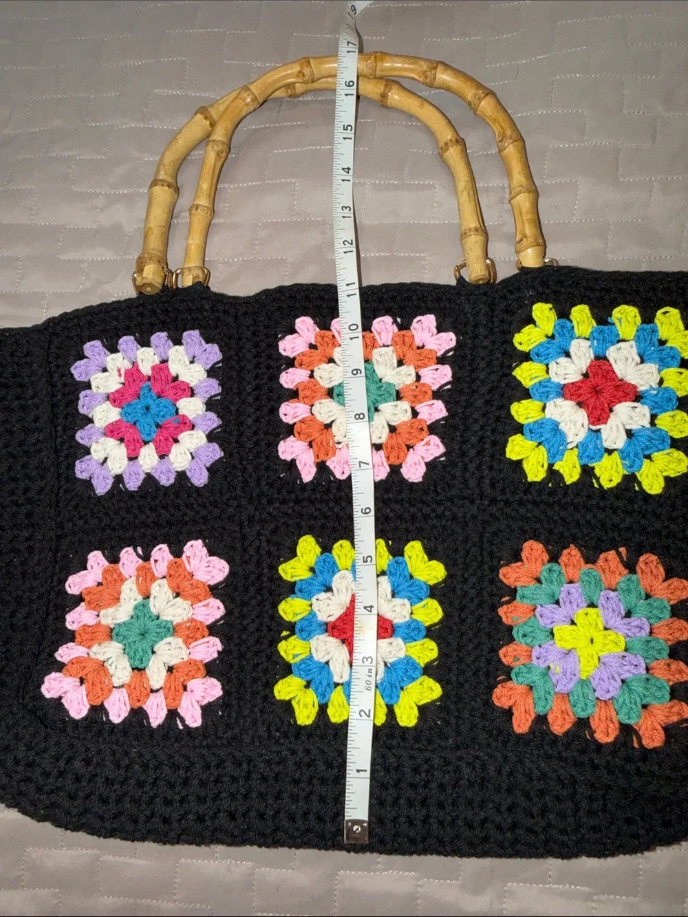 NWT Black Crochet Tote with Colorful Granny Squares and Bamboo Handles